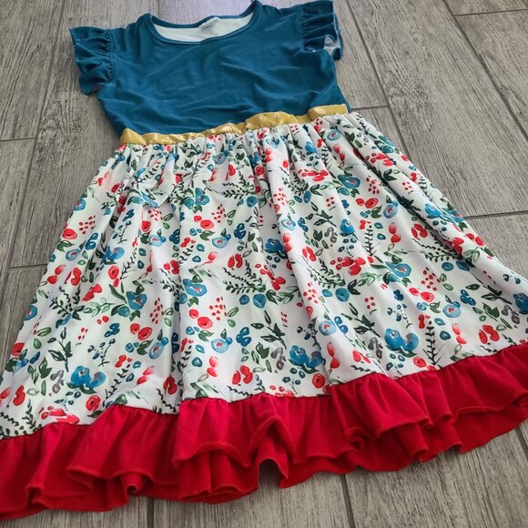 Girls blue Flutter short Sleeve Dress with white Floral Skirt – Girls 8T-10T - Picture 4 of 9